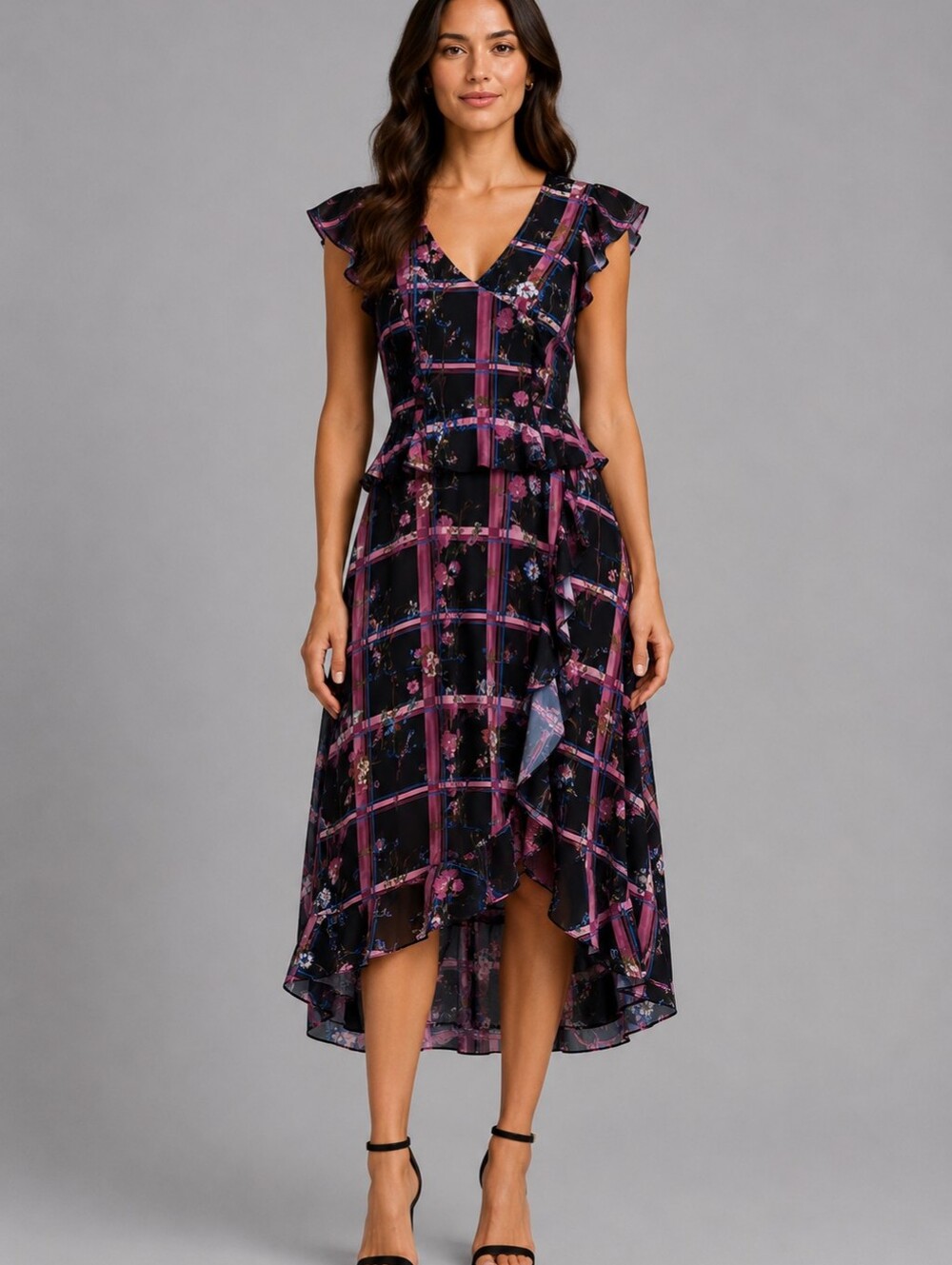 Parker Floral Plaid Ruffle High Low Midi Dress Size S
